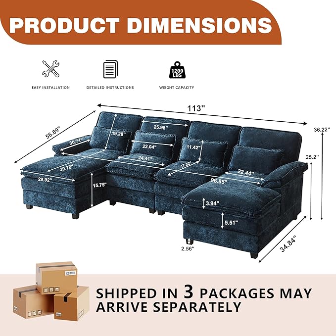 113" Oversized Cloud Couch, U Shape Sectional 4 Seat Sofa with Double Chaises, 2 Layer Cusions, Deep Seat Comfy Sofa, Upholstery Chenille Fabric for Living Room, Blue-Ruum Studio Home