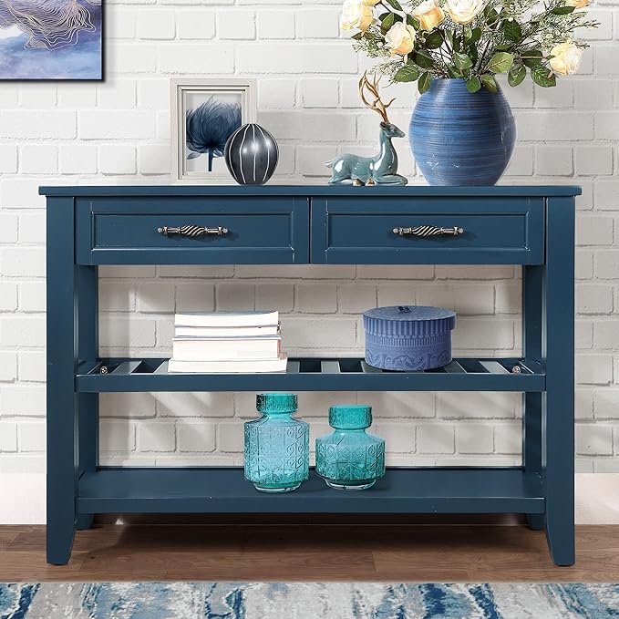 Solid Wood Console Table Entryway Table with Storage Drawers and Shelves Sofa Table for Entry Hallway Foyer(42" Navy Blue)-Ruum Studio Home