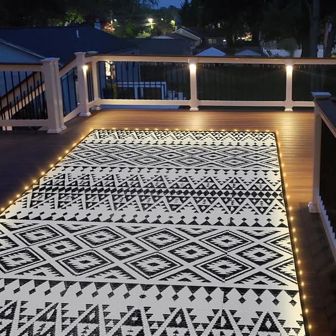 Outdoor Rug Mat with Led Strip Lights for Patio, 8x10ft Waterproof Reversible Plastic Straw Rugs, Camping Carpet Area Mats for RV, Porch, Deck, Backyard, Balcony, Camper, Black & White-Ruum Studio Home