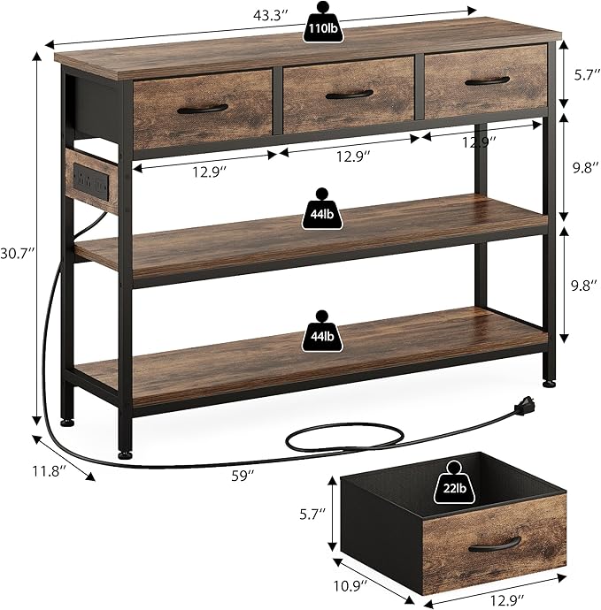 Lulive Entryway Table with Power Outlets, Console Table with 3 Fabric Drawers, Sofa Table for Living Room, Hallway, Couch, Foyer, Height Adjustable (Rustic Brown, 43")-Ruum Studio Home