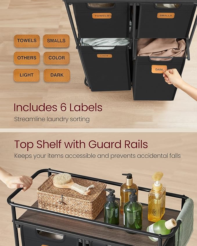 VASAGLE Laundry Sorter, Laundry Hamper with Wheels, 39.6 Gal. (150 L) Portable Rolling Cart Baskets with Shelf, 4 Removable Liners and 6 Labels, Ink Black and Chestnut Brown URLS100B01-Ruum Studio Home