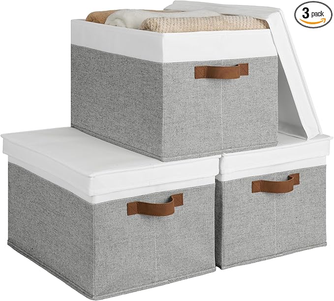 StorageWorks Storage Bins with Lids, Decorative Storage Boxes with Lid and PU Handles, Foldable Storage Baskets for Closet, Shelves, Stackable, Gray and White, Jumbo, 3-Pack-Ruum Studio Home