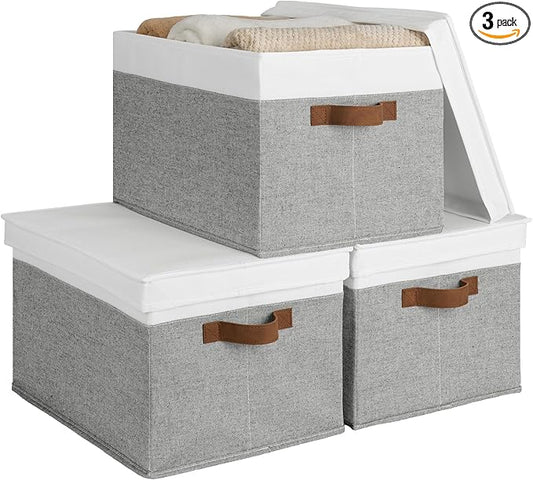 StorageWorks Storage Bins with Lids, Decorative Storage Boxes with Lid and PU Handles, Foldable Storage Baskets for Closet, Shelves, Stackable, Gray and White, Jumbo, 3-Pack-Ruum Studio Home