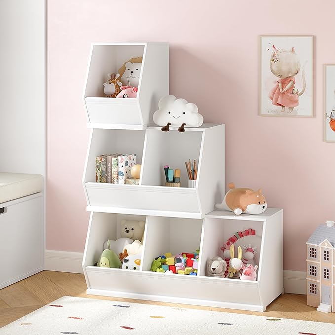 UTEX Toy Storage Organizer for Kids, Stackable Toy Storage Cabinet, Wooden Cubby Toy Organizer, White Toy Shelf for Playroom, Bedroom, Living room, Nursery, 3 Cubes