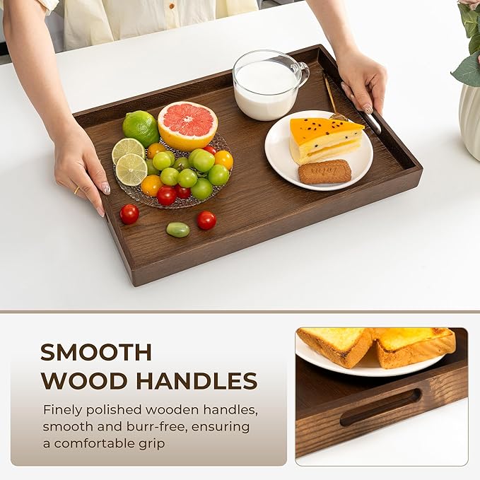 Axeman Wooden Serving Tray with Wood Handles|Ottoman Tray for Breakfast, Bed, Couch|17x12in Ash Wood Coffee Table Trays|Food Drinks Decorative Storage Boards for Ottoman Kitchen, Walnut-Ruum Studio Home