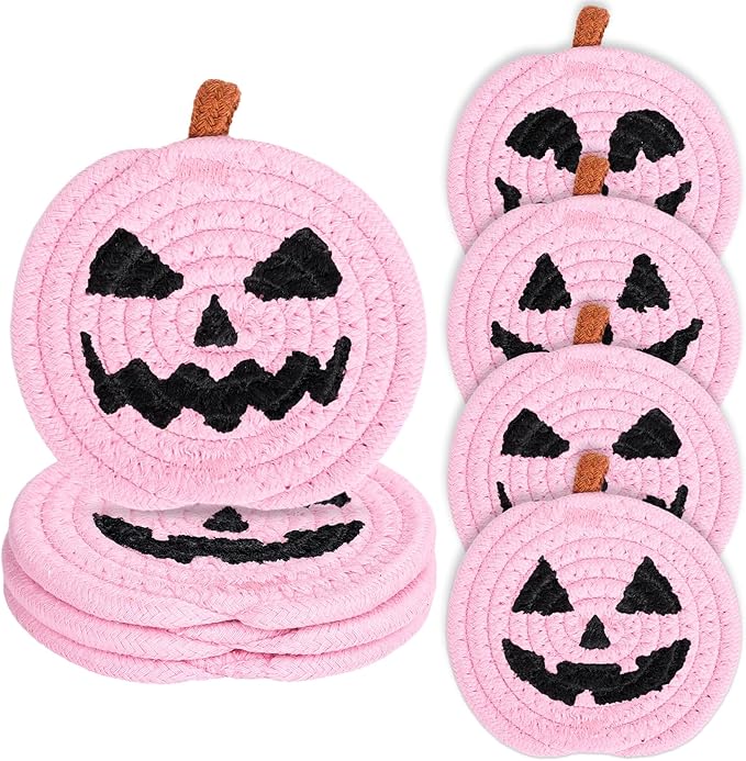 Whaline Halloween Pumpkin Cotton Coasters Pink Pumpkin Face Handmade Braided Drink Coasters Absorbent Cup Mats for Trick or Treat Party Home Table Decor, Set of 4-Ruum Studio Home