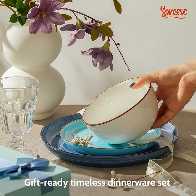 Sweese Plates and Bowls Sets, 18 Piece Dinnerware Set Porcelain Round Dinner Set for 6, Scratch Resistant Dishes Set, Dishwasher and Oven Microwave Safe Handpainted Swirl Dishware Sets, Assorted Blue-Ruum Studio Home