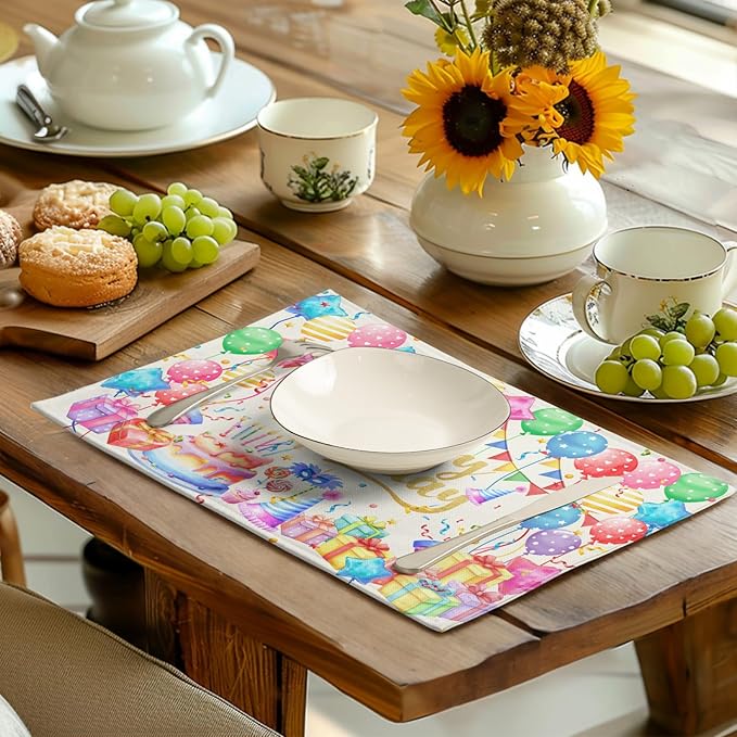 Happy Birthday Placemats Set of 4 Colorful Balloons Confetti Cake Linen Table Mats 12x18 Inch Birthday Party Place Mats for Kitchen Dining Outdoor Indoor Decorations-Ruum Studio Home