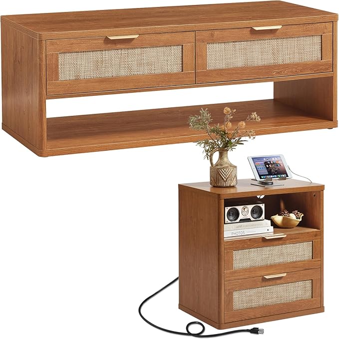 LEYAOYAO Boho Rattan Coffee Table and End Table Sets, 48" Wide Center Tables & 23" Night Stand with Charging Station Chest of Drawers, Brown Wood Coffee Table for Living Room 2 Piece Set-Ruum Studio Home