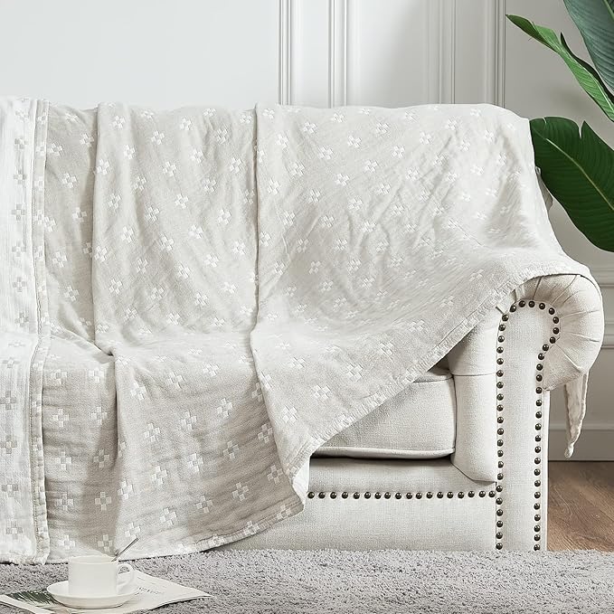 jinchan Boho 100% Cotton Blanket Muslin Twin Size 60x80 Inches Lightweight 3-Layer Geometric Cross Pattern Reversible Quilt Throw Soft Breathable Comfy All Seasons for Couch Bed Decor, Light Grey-Ruum Studio Home