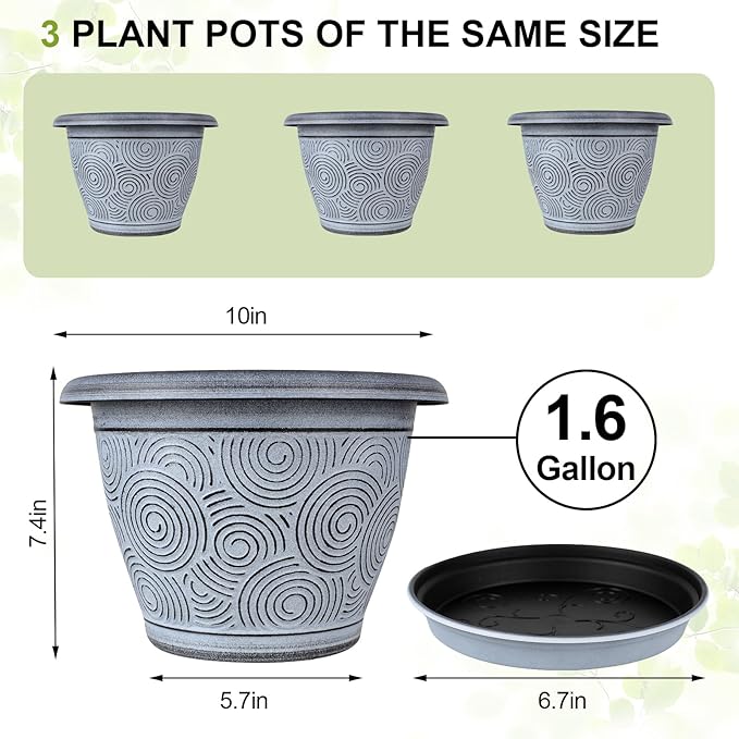 10 Inch Flower Pots Planters for Indoor Outdoor Plants, 3 Pack Plastic Large Plant Pots with Drainage Hole & Tray, Modern Decorative Garden Pot with Saucer, Plant Container for House-Ruum Studio Home