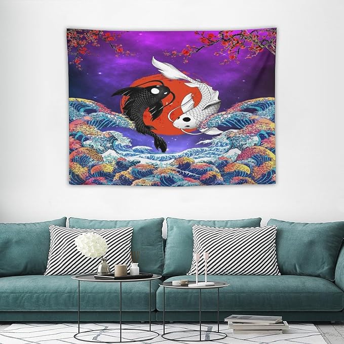 Houselerax Japanese Koi Fish Tapestry, Yin Yang Big Wave Cherry Blossom Tapestries Wall Hanging for Bedroom Living Room Office Decor 40"x30"-Ruum Studio Home