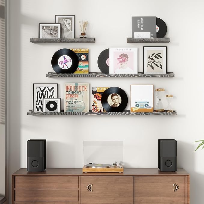 Picture Ledge Wall Shelves 48 Inches Width Set of 3, Solid Pine Wood Rustic Floating Ledge for Kids' Room Bedroom Kitchen Bathroom, Long Floating Shelves for Wall Decor, Grey-Ruum Studio Home