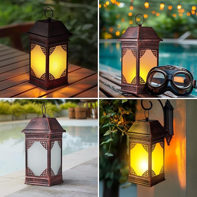 14" Solar Lanterns Outdoor Waterproof, Glass Flickering Flame Solar Lantern, Hanging Metal Lantern Decorative for Patio Front Porch Garden Backyard Tabletop Party Decoration-Ruum Studio Home