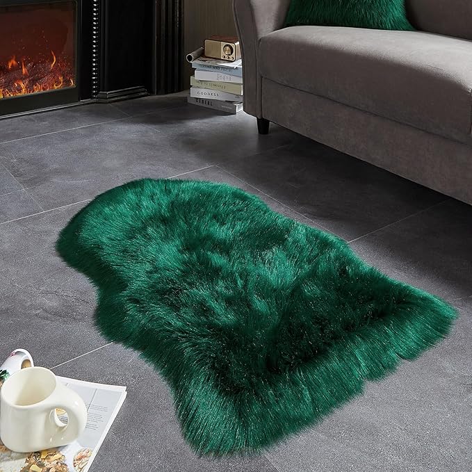 AMTOVO Faux Fur Rug, Dark Green Small Area Rug, Fluffy Sheepskin Rug, Fuzzy Ultra Soft 2 x 3 ft Shag Rugs for Bedroom Sofa Throw Cushion Room Decor, Sheepskin-Ruum Studio Home
