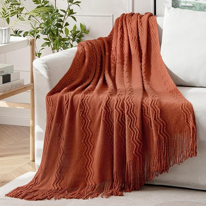 MIULEE Fall Rust Knitted Throw Blanket for Couch Boho Terracotta Textured Cozy Woven Blanket with Tassels for Sofa Chair Bed Living Room Acrylic Wave Pattern 60"x80"-Ruum Studio Home
