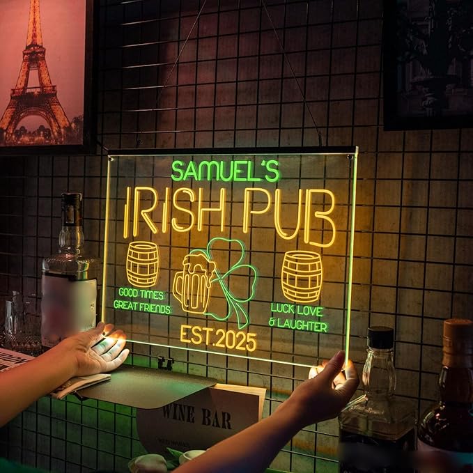 Personalized Irish Pub Signs with Your Name for home wall light up with personalized pub name, man cave accessories, beer themed neon customizable lighted sign-Ruum Studio Home