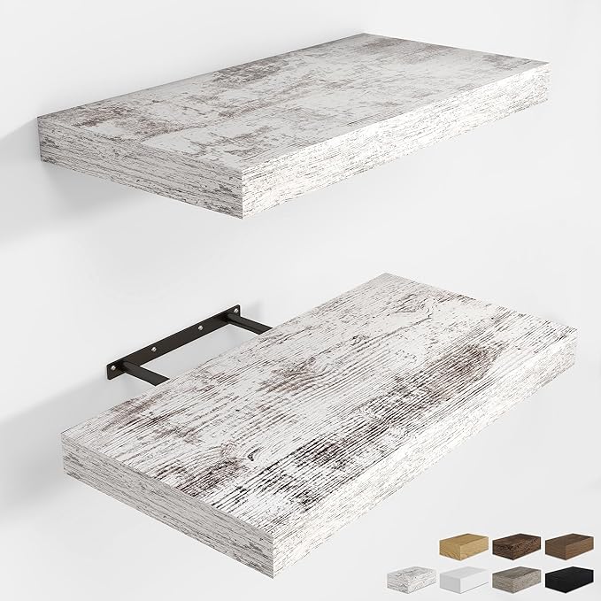 RICHFOCUS 16Inch Floating Shelves for Wall 2 Pack Shelves for Bedroom|Kitchen|Bathroom Wall Mounted Rustic Distressed Wood Floating Shelf with Invisible Brackets for Books|Storage|Decor, Rustic-Ruum Studio Home