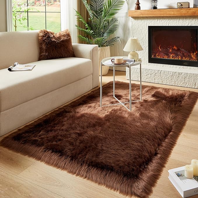 AMTOVO Faux Fur Sheepskin Rug for Living Room, 4 x 6 ft Coffee Fluffy Area Rug for Bedroom, Playroom, Luxury Room Decor, Rectangle-Ruum Studio Home