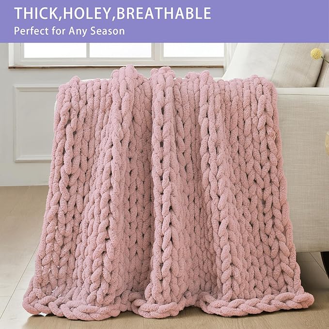 Bigacogo Chunky Knit Throw Blanket for Couch, 60x80 inches, 100% Hand Knitted with Thick Jumbo Chenille Yarn, Cozy Soft Large Rope Knot Cable Crochet Blankets for Sofa Bed Living Room, Dusty Pink-Ruum Studio Home