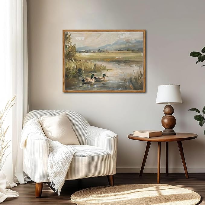 Floating Framed Canvas Wall Art, Vintage Mallard Duck Oil Paintings Print, Countryside Art Wildlife Nature Pond Wall Decor for Living Room, Bedroom, Office, Rustic Decor 12x16 inch-Ruum Studio Home