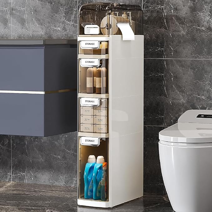 VECELO 5-Tier Narrow Beside Toilet Storage Cabinet, Plastic Bathroom Organizers and Storage with Drawers & Wheels, Space-Saving, Slim Toilet Paper Storage for Bathroom, Laundry Room, Small Space-Ruum Studio Home