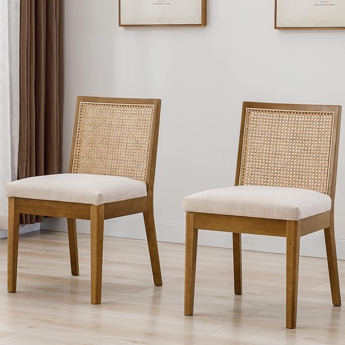 VESCASA Upholstered Dining Chairs with Square Rattan Back, Armless Padded Linen Cushion Dining Chairs with Wood Legs for Dining Room, Kitchen, Set of 2, Natural Frame-Ruum Studio Home