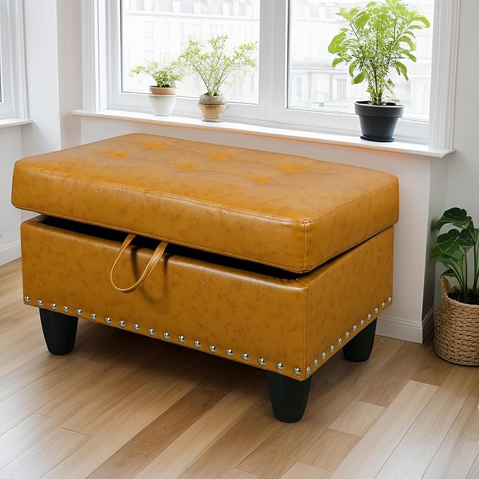 Ottoman Rectangular Storage Ottoman Bench, Faux Leather Footrest, Coffee Table, Stool Footstool with Hinged Lid for Living Room, Bedroom, Entryway, Ginger, 28.5"x19"x17.5"-Ruum Studio Home
