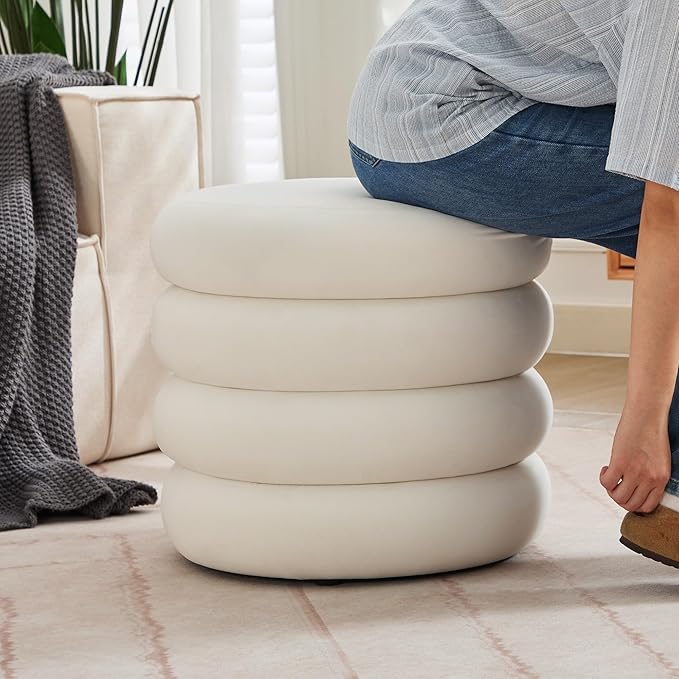 ONEVOG Round Storage Ottoman, 20" Small Ottomans Table with Removable Lid, Velvet Fabric Soft Footrest Stool for Couch, Upholstered Stuffed Circle Seat for Living Room/Bedroom/Dorm/Vanity, Lvory White-Ruum Studio Home