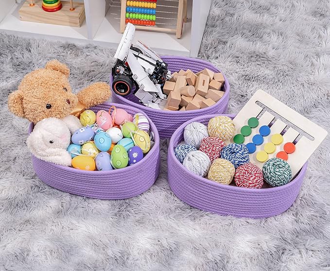 Baskets Bins for Shelf Storage Organizing/Cute Basket to Store and Organize Household Items/Woven Rope Basket for Living Room, Bedroom,Playroom,3 Packs Purple Basket-Ruum Studio Home