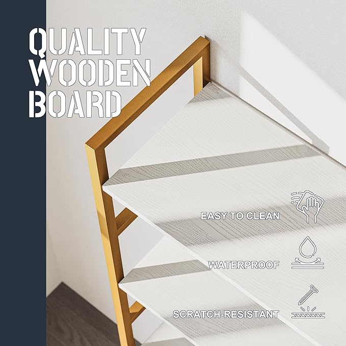 Triple 5 Tier Bookshelf, Industrial Large Bookcase with Storage Cabinet, Tall Gold Bookshelf with 14 Open Display Shelves Metal Frame Furniture for Living Room Bedroom Home Office Gold & White-Ruum Studio Home