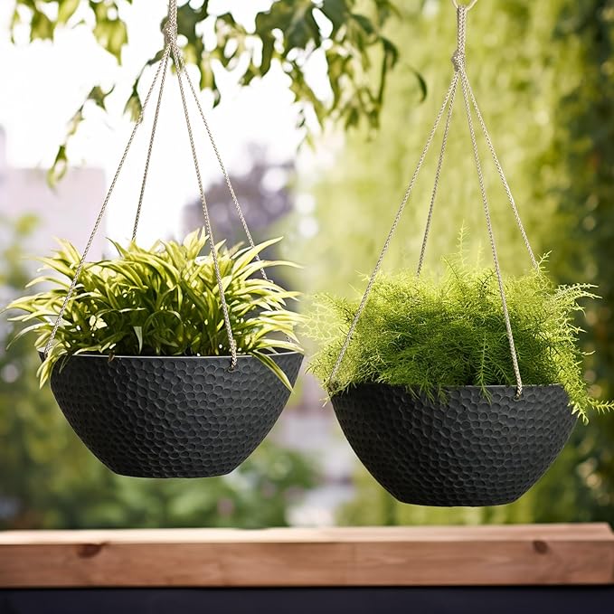 LA JOLIE MUSE Hanging Planters for Outdoor Plants, Large Hanging Planter with Drain Holes, Outdoor Hanging Flower Pots, Matte Black, Honeycomb (13.2 Inch, Set of 2)-Ruum Studio Home