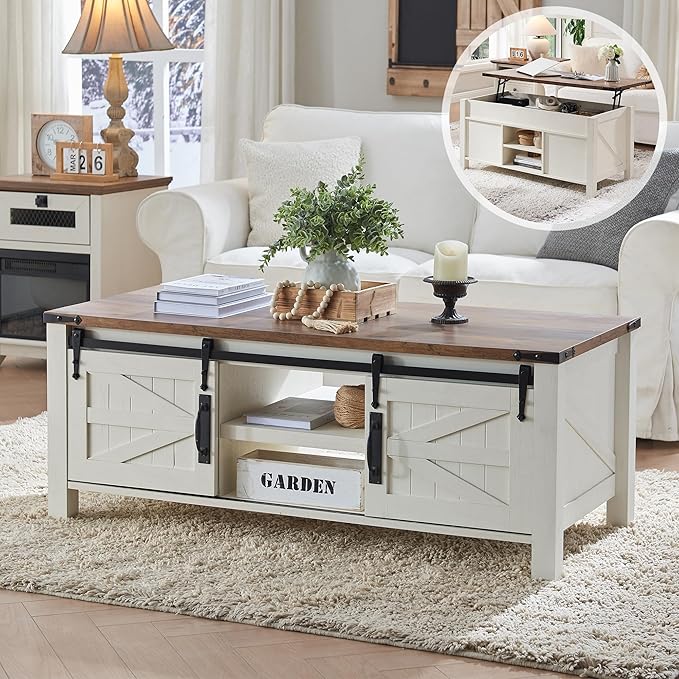 OKD 48" Farmhouse Lift Top Coffee Table with Sliding Barn Door,Rustic Center Table with Hidden Storage Compartment,Lifting Tabletop and Adjustable Shelf for Living Room,Office,Antique White-Ruum Studio Home