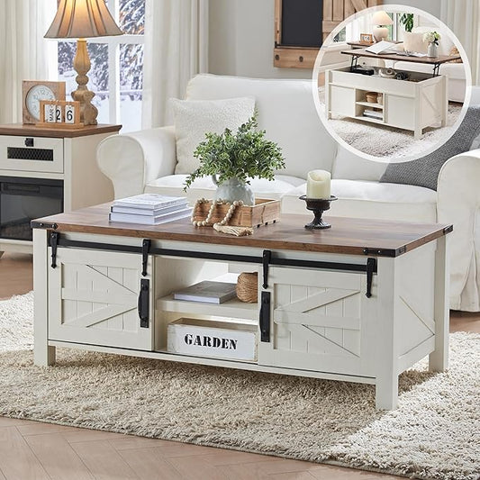 OKD 48" Farmhouse Lift Top Coffee Table with Sliding Barn Door,Rustic Center Table with Hidden Storage Compartment,Lifting Tabletop and Adjustable Shelf for Living Room,Office,Antique White-Ruum Studio Home