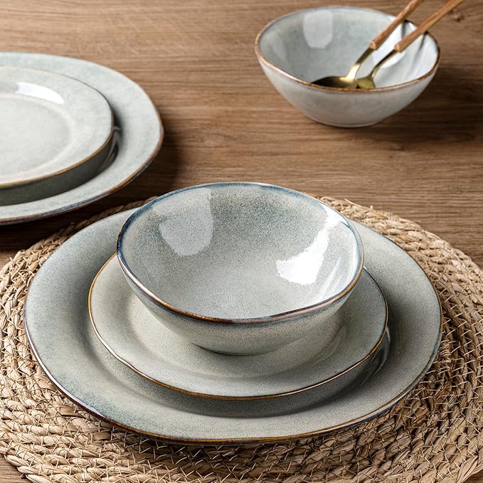 AmorArc Ceramic Dinnerware Sets, Handmade Stoneware Reactive Glaze Plates and Bowls Set, Scratch Resistant | Dishwasher & Microwave Safe Dishes Set, Service for 4 (12pc)-Ruum Studio Home