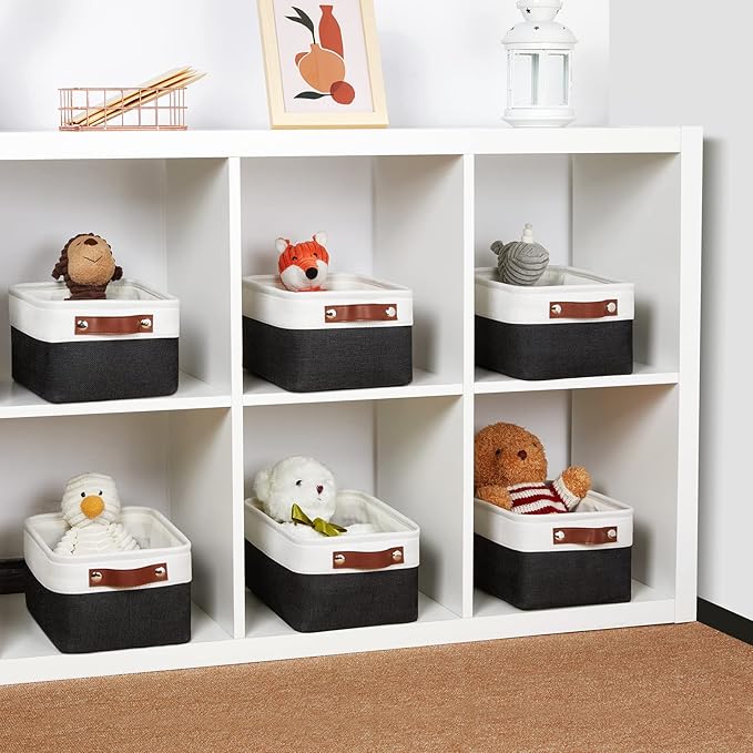 DULLEMELO Small Storage Baskets 6 Pack, Fabric Collapsible Gift Storage Baskets for Shelves, Closets, Nursery, Home, Office Organizing,Small Canvas Linen Rectangular Storage Bins (White&Black)-Ruum Studio Home