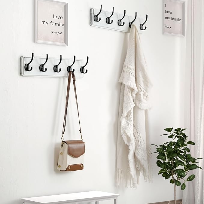Dseap Coat Rack Wall: Patented, Heavy-duty, 17.4" Long 5-double-hooks Wooden Wall Mounted Coat Rack Coat Hanger Hook Rail for Winter Coats Hat Jacket Clothing, White & Black-Ruum Studio Home