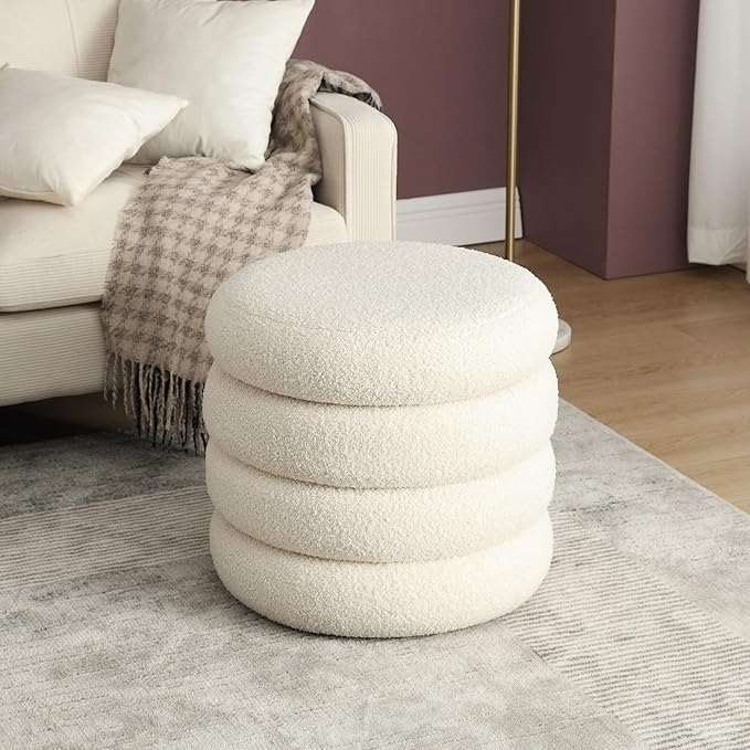 ONEVOG 20" Round Storage Ottoman with Removable Lid, Off-White Boucle Fabric Footrest Pouf, Sherpa Tufted Small Coffee Table Vanity Ottoman Foot Stools for Living Room Couch, Bedroom, Dorm, Nursery-Ruum Studio Home