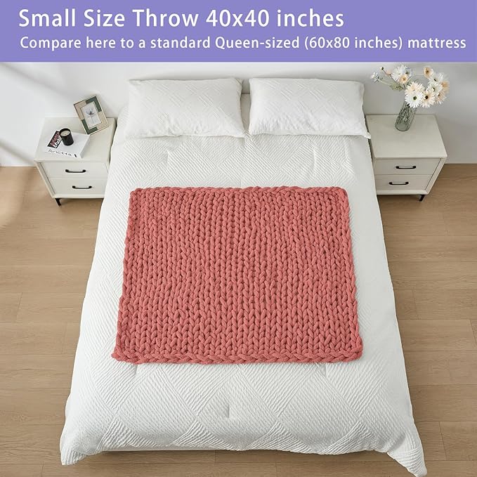 Bigacogo Chunky Knit Throw Blanket for Couch, 40x40 inches, 100% Hand Knitted with Thick Jumbo Chenille Yarn, Cozy Soft Large Rope Knot Cable Crochet Blankets for Sofa Bed Living Room, Antique Red-Ruum Studio Home