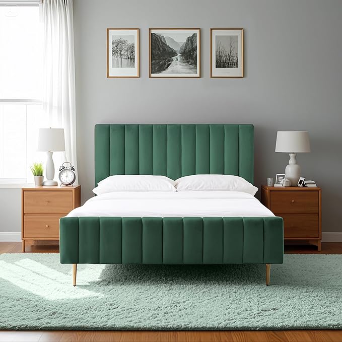 Livinia Full Size Elton Velvet Platform Bed, Upholstered Bed Frame with Vertical Channel Tufted Headboard Footboard, Strong Wood Slats, No Box Spring Needed, Green (Full)-Ruum Studio Home