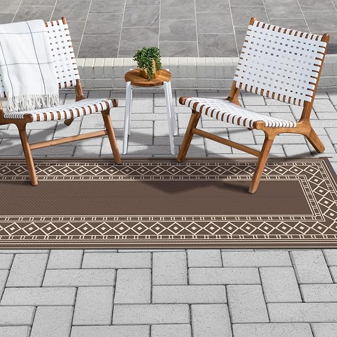 GENIMO Outdoor Rug Waterproof for Patio Decor, 2.5'x8' Foldable Reversible Plastic Straw Runner Rugs Carpet for Porch, Outside Area Mat for Rv, Deck, Picnic, Camper, Balcony, Coffee & Beige-Ruum Studio Home