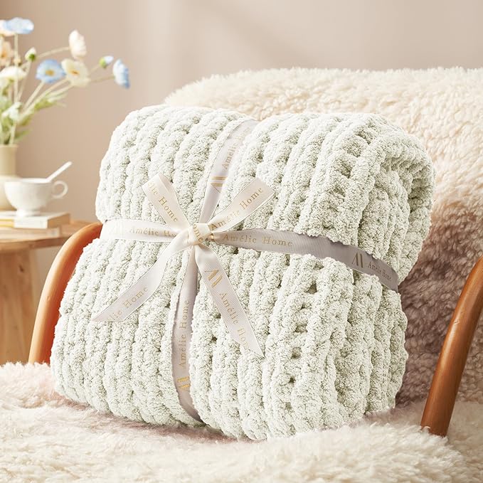 Amélie Home Chunky Knit Throw Blanket for Couch, Soft Chenille Crochet Blanket for Children, 40"x50", Ivory-Ruum Studio Home