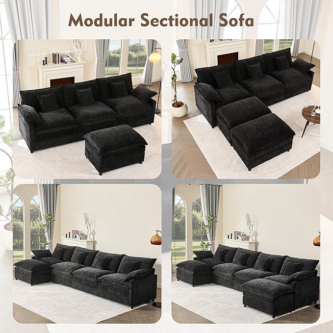 108" U Shaped Couch, Modular Sectional Sofa, 3-Seater Comfy Cloud Couch with Movable Ottoman, Deep Seat Couches for Living Room, Chenille, Black-Ruum Studio Home