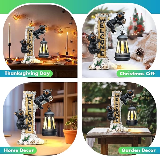Json Garden Bear Statue with Solar LED Lantern, Gifts for Mom Yard Art, Whimsical Figurine Large Sculpture Lighted Outdoor Mother's Day Spring Decorations for Lawn, Porch-Ruum Studio Home