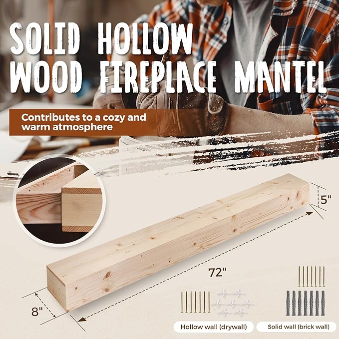 72x8x5 Fireplace Mantel - Handcrafted Hollow Rustic Solid Wood Wall Mounted Floating Shelf with Invisible Heavy Duty Wood Bracket (DIY Color)-Ruum Studio Home