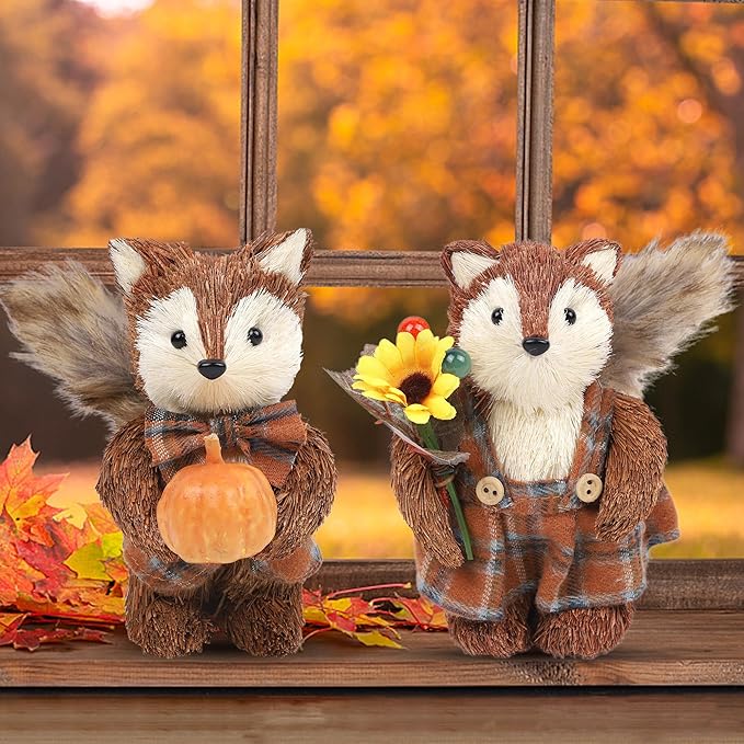 winemana 2 Pack Fall Decor Fox, Thanksgiving Decorations Indoor Sisal Foxes for Home Table Centerpiece Handmade Autumn Woodland Animal Friend Figurines with Pumpkin for Shelf Office Décor-Ruum Studio Home