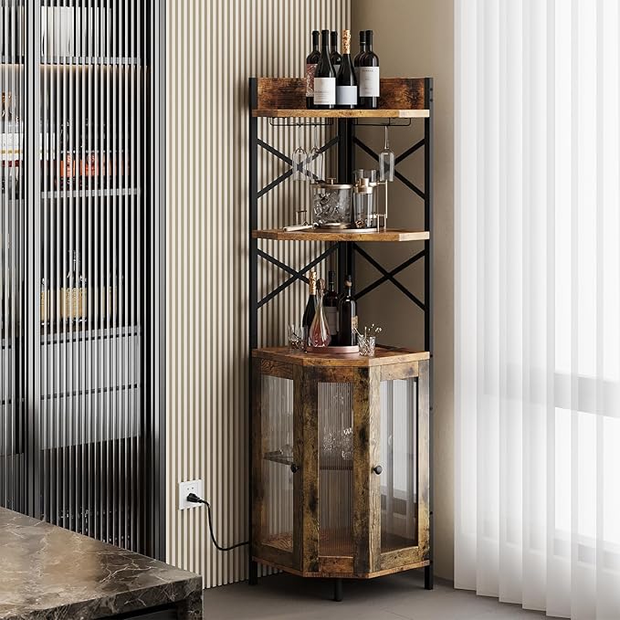 Corner Bar Cabinet with Power Outlet, 5-Tier Corner Wine Cabinet with Led Strip and Glass Holder, Industrial Tall Liquor Cabinet Bar Wine Rack for Home, Rustic Brown-Ruum Studio Home