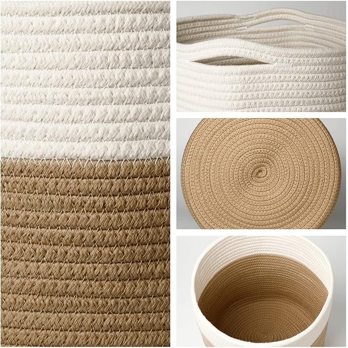 11" Cotton Rope Plant Basket Modern Woven Baskets for 10" Flower Pot Floor Indoor Planters,Storage Organizer Baskets Home Decor,Brown White 11"x 11"-Ruum Studio Home