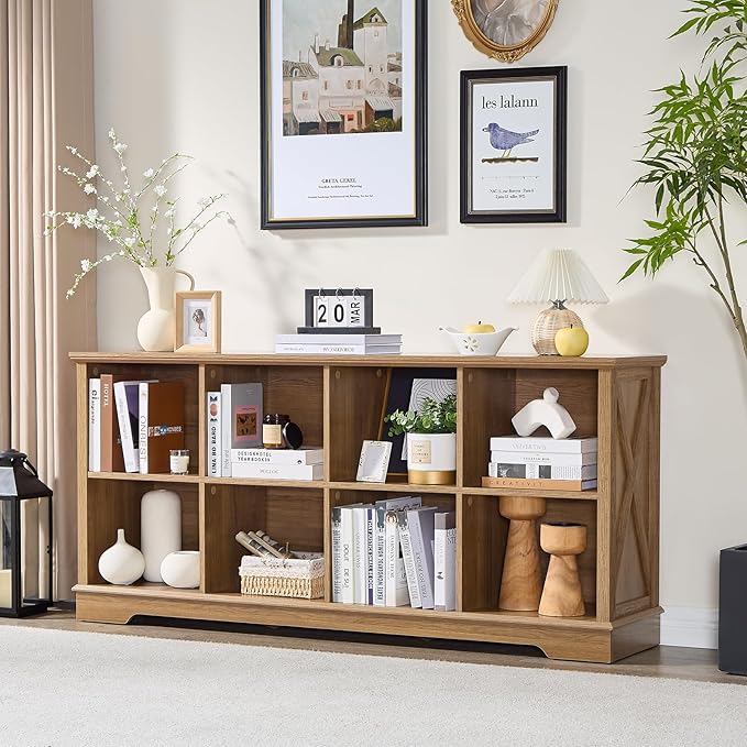 Farmhouse 8 Cube Bookshelf, Storage Organizer Bookcase, Kids Toy Storage Cabinet, Long Bookshelves Storage Organizer Shelf, Wood Display Cabinet Book Shelves for Bedroom,Living Room, Natural Oak-Ruum Studio Home