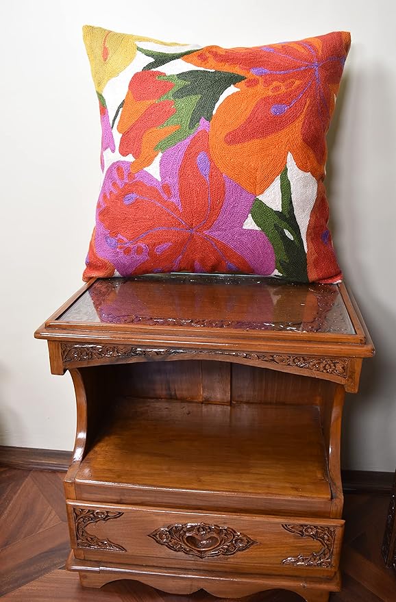 Floral Bloom Pillow Cover | Suzani Accent Pillowcase | Flower Accent Cushions | Hand Embroidered Wool Cushion - 18x18-Ruum Studio Home